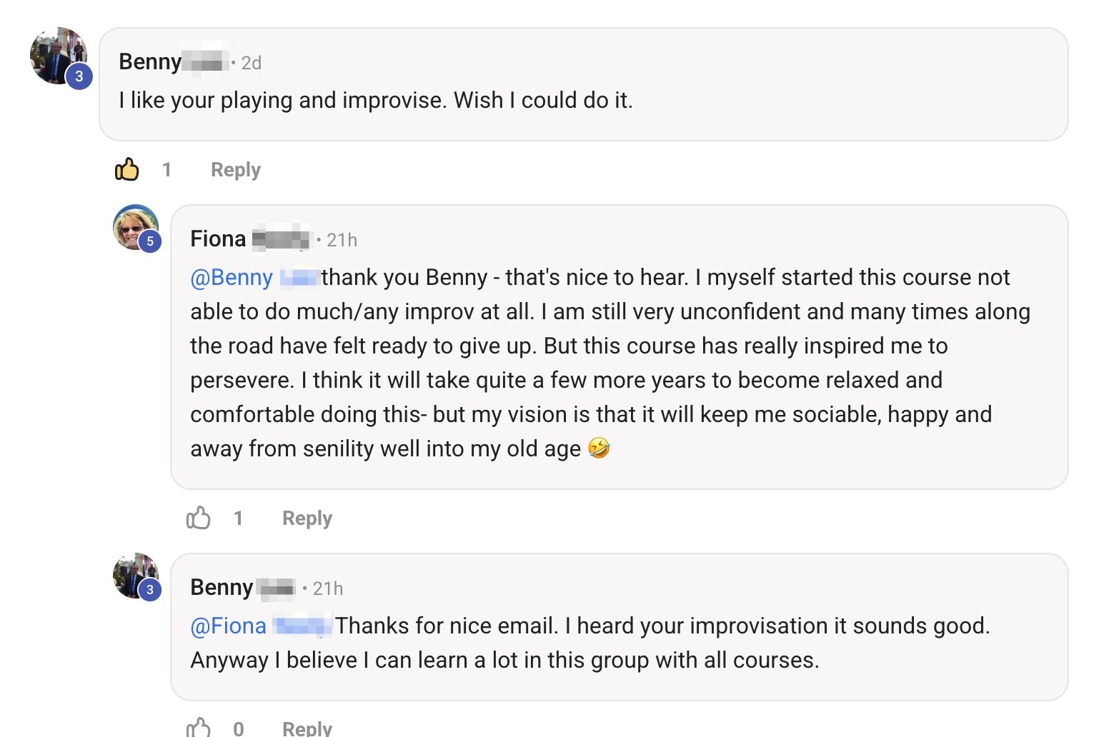 Benny L.
  complimenting Fiona Neely for her playing