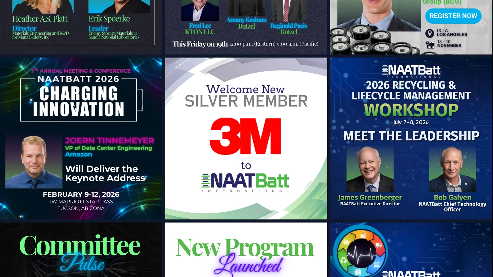 Nine NAATBatt social graphics in a grid