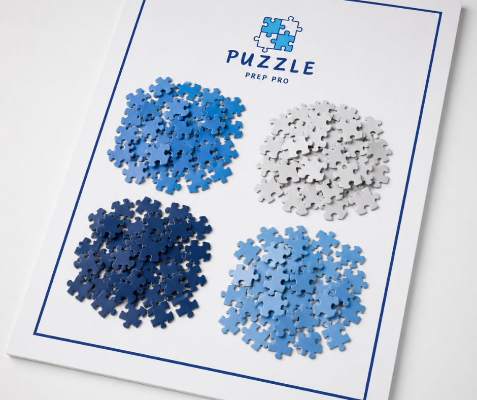 Puzzle pieces sorted by color on Puzzle Prep Pro felt sheets