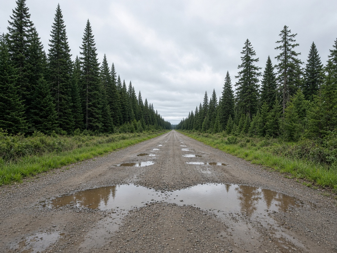 Gravel road with poor crown and standing water before WB Group repair