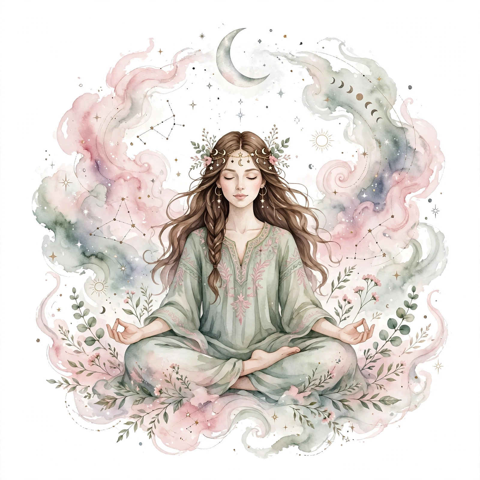 Ilustración de una mujer meditando rodeada de constelaciones