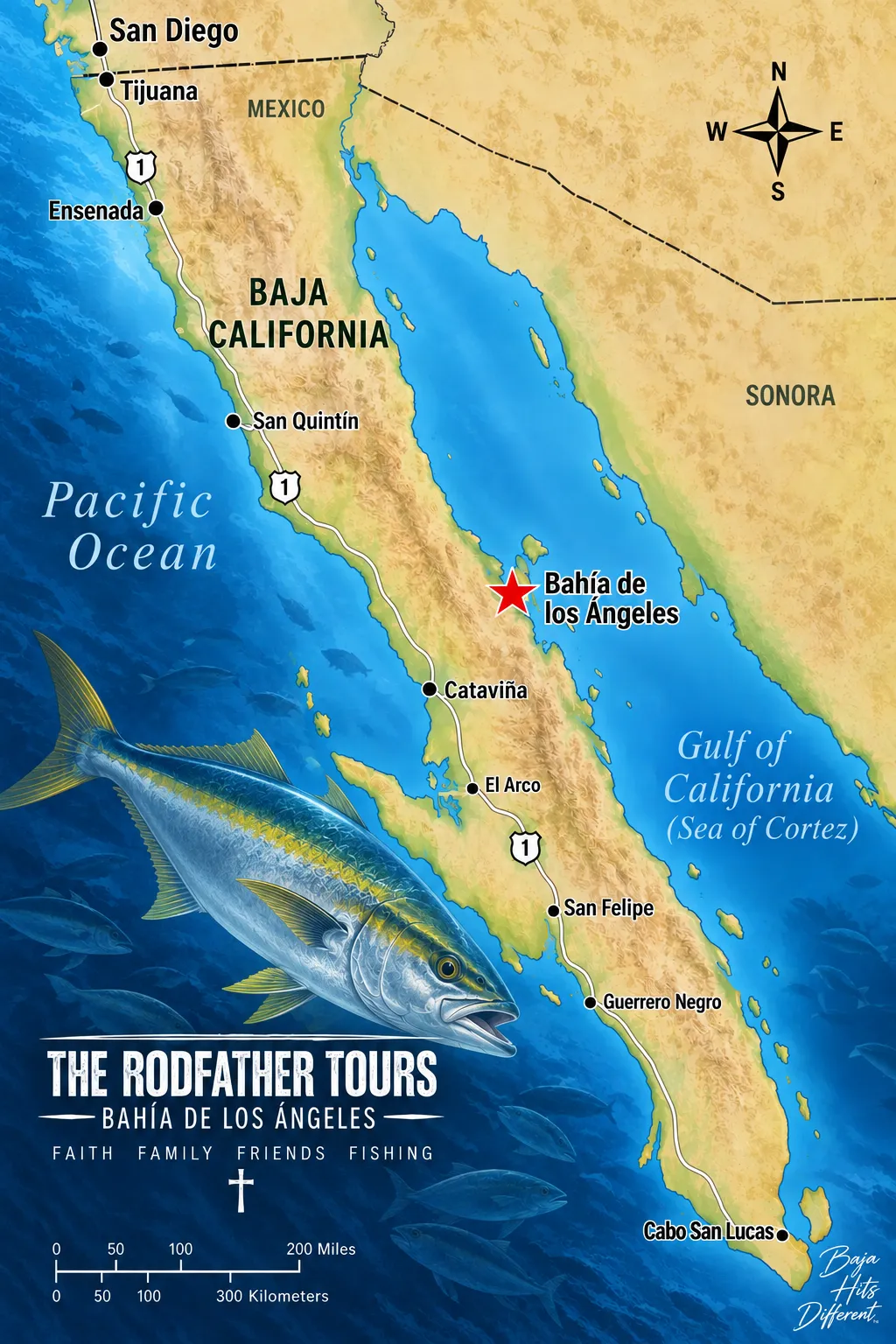 Map showing the route from San Diego through Baja California to Bahía de Los Ángeles, destination of The Rodfather Tours