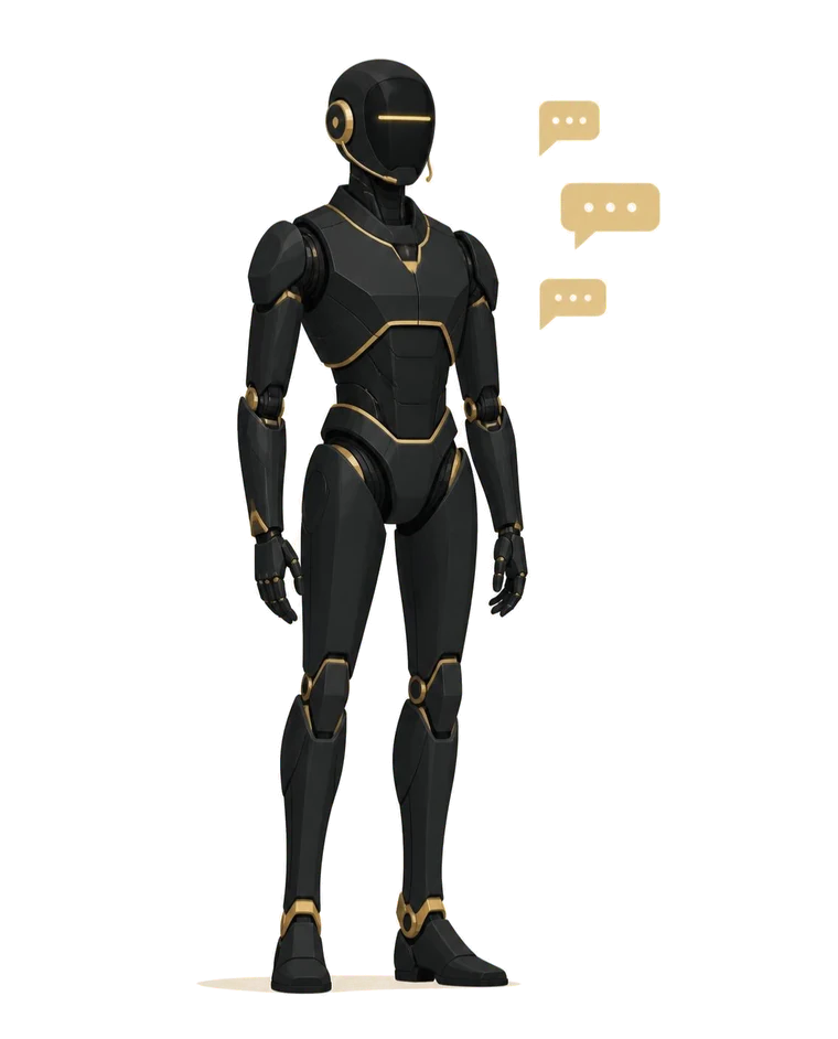 An AI employee shown as a black and gold robot receptionist, with a headset and gold chat bubbles