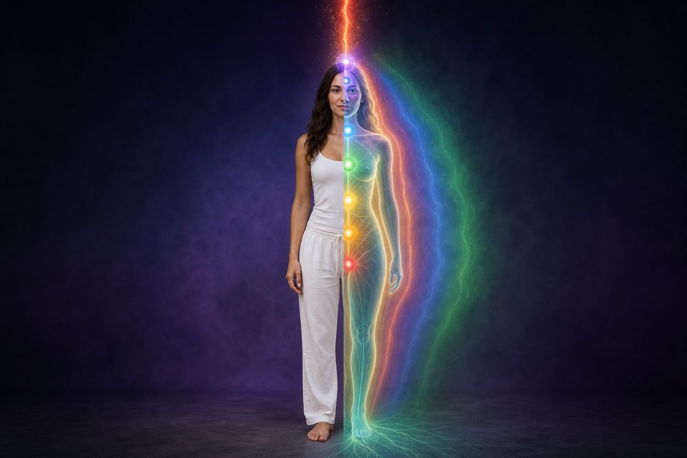 Illustration of a woman surrounded by a bright, balanced energy field