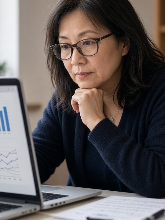 A researcher studying charts on her laptop