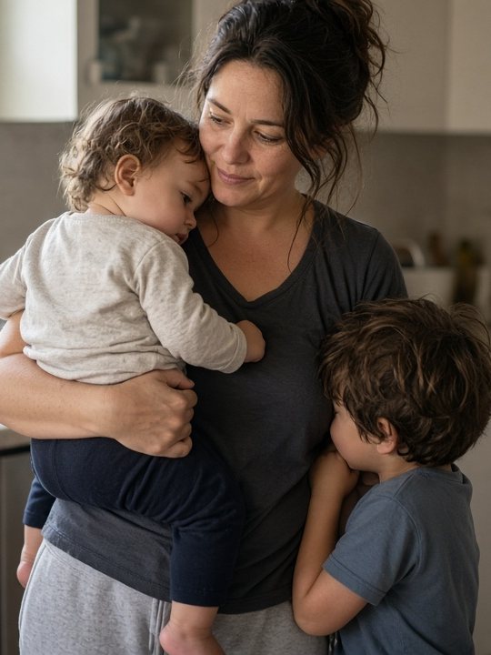 A mother at her kitchen table while her children play behind her
