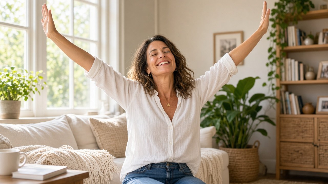 A woman at home with her arms raised, smiling and full of energy