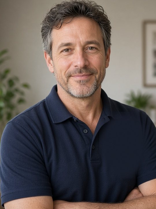 A practitioner in his treatment room, arms crossed and smiling