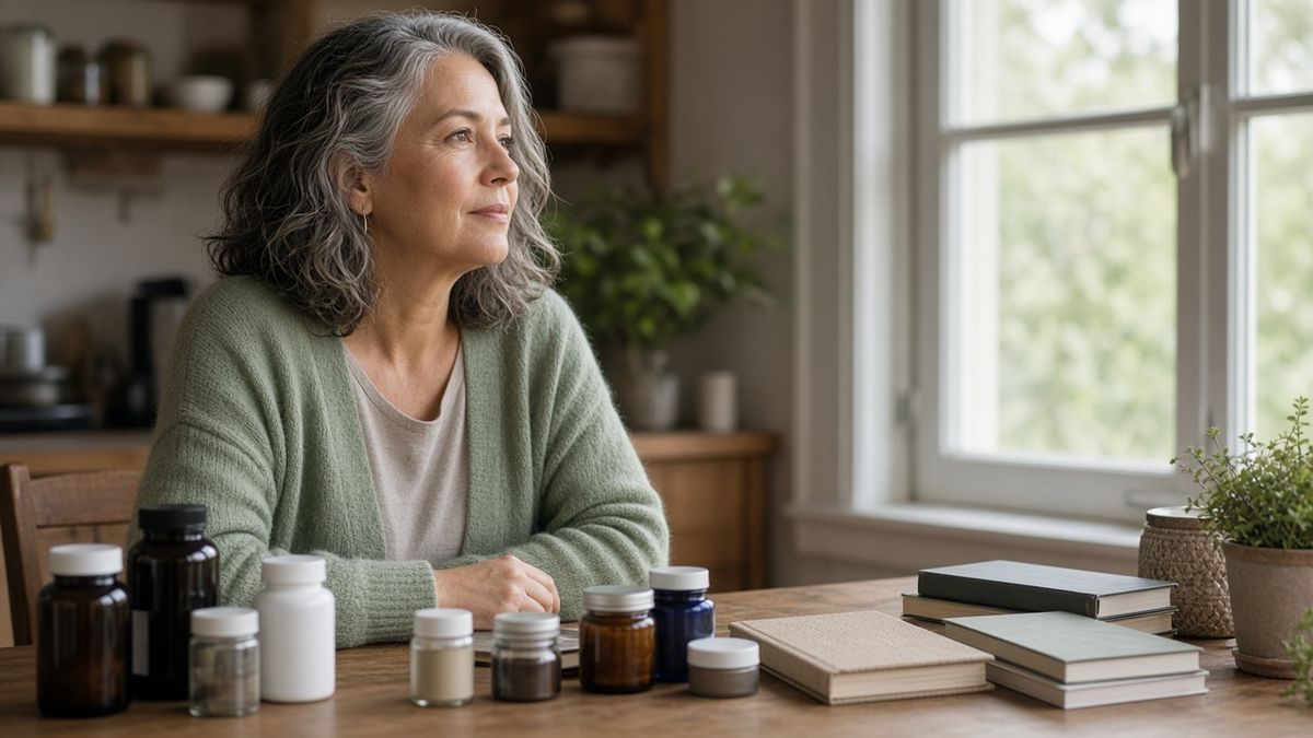 A woman at her kitchen table surrounded by supplement bottles and books