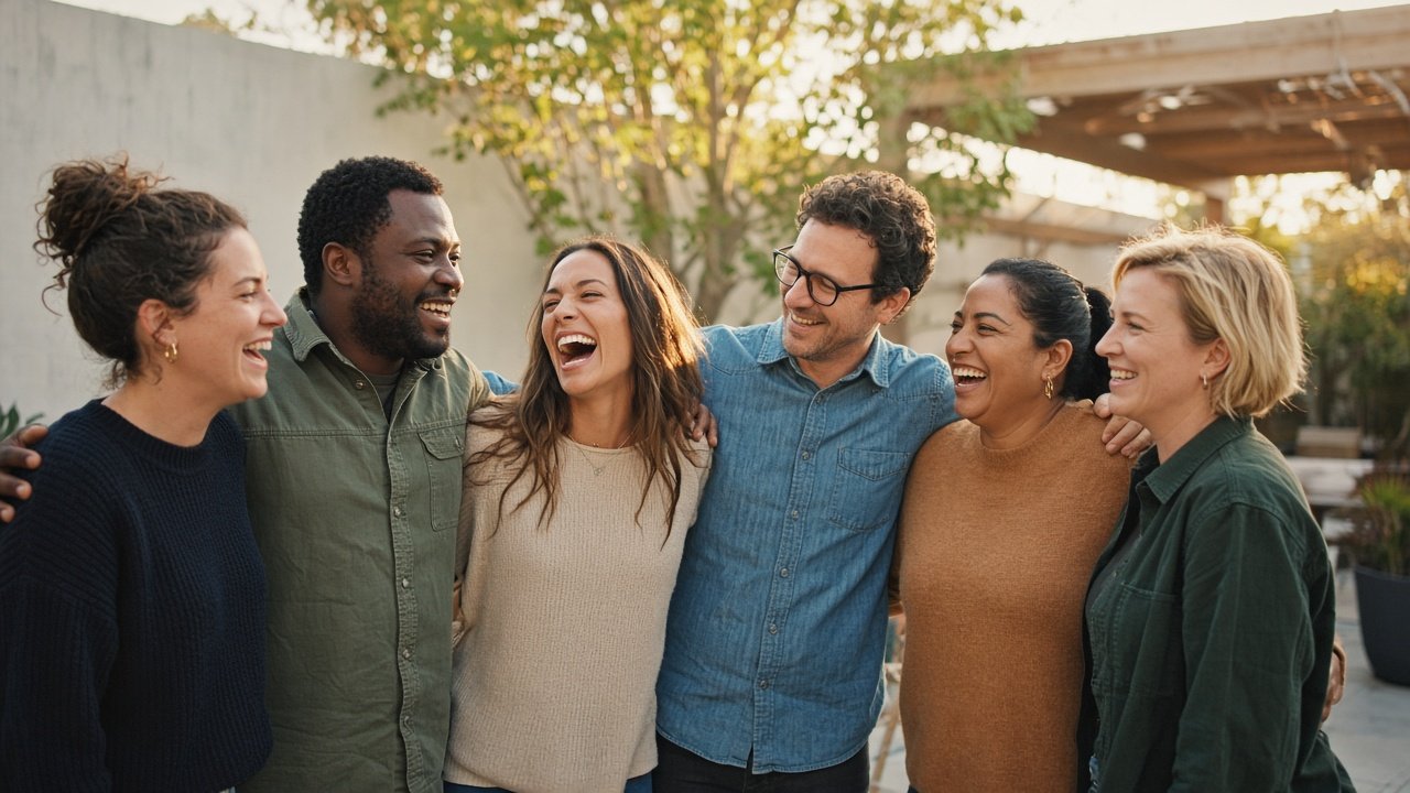 A group of learners laughing together outdoors