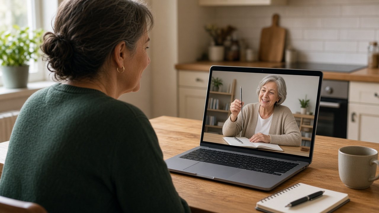 A woman smiling as she takes a live online class on her laptop