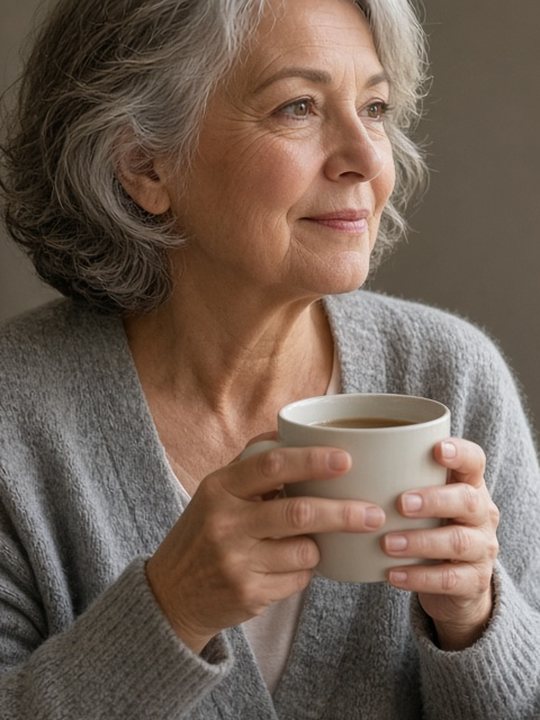 An older woman by the window holding a cup of tea