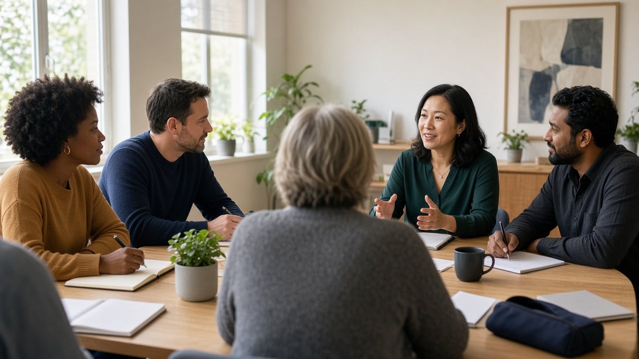 Students around a workshop table taking notes together