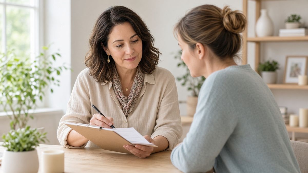 A practitioner taking notes while talking with a client
