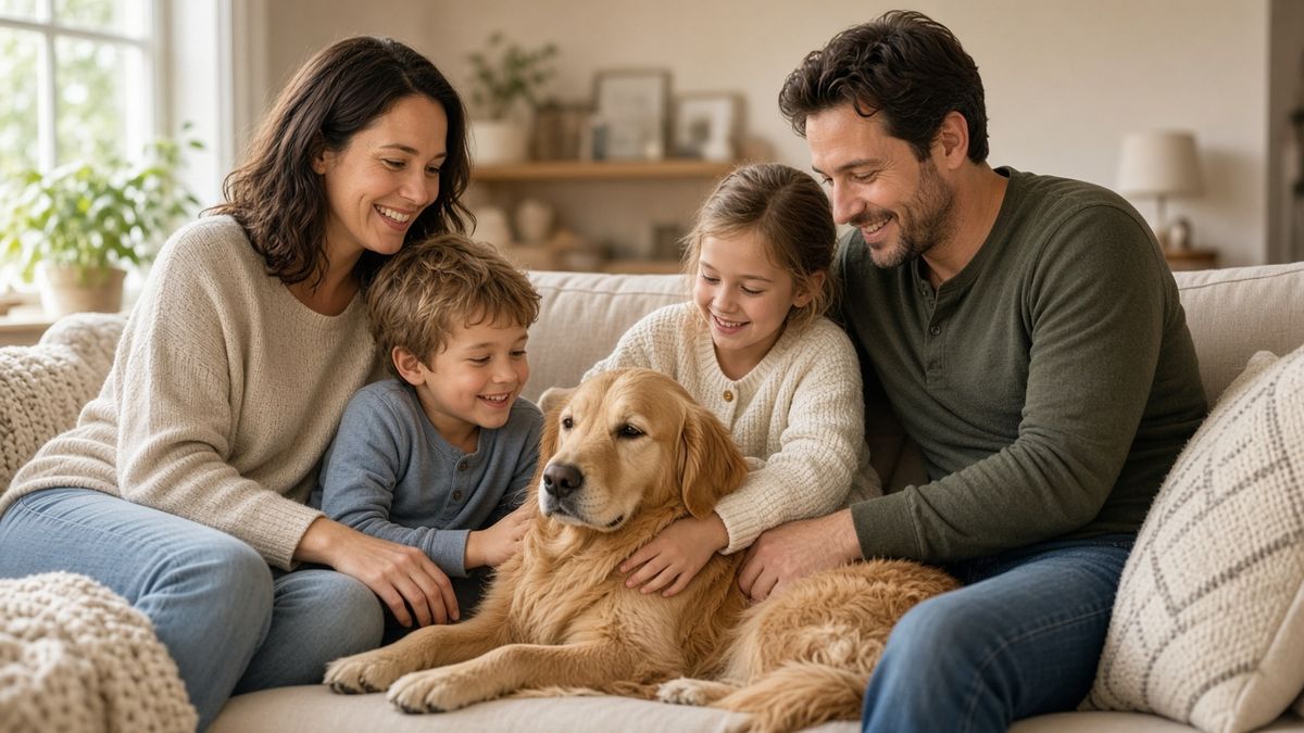 A mother, father and two children on the sofa with their golden retriever