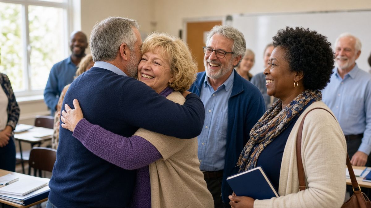 Former classmates hugging as they reunite at a workshop