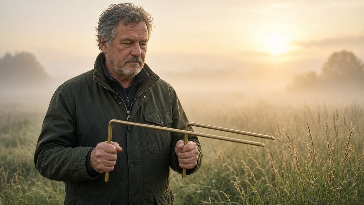 A man holding dowsing rods in a misty field at sunrise