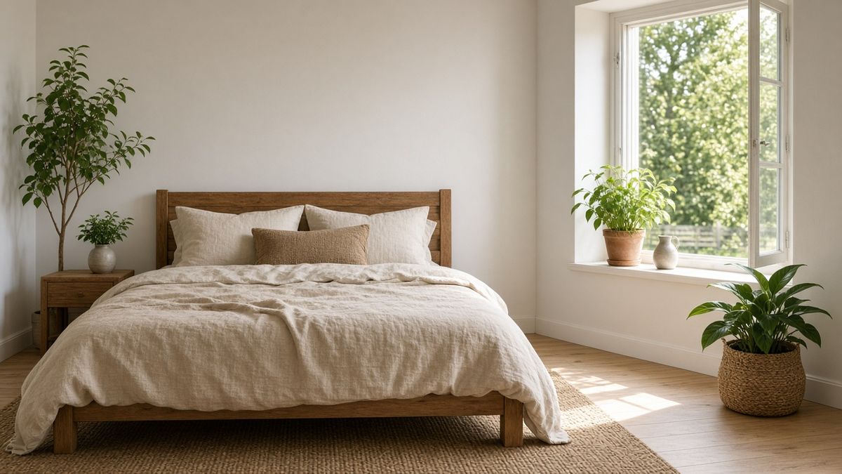 A calm, bright bedroom with a wooden bed and plants