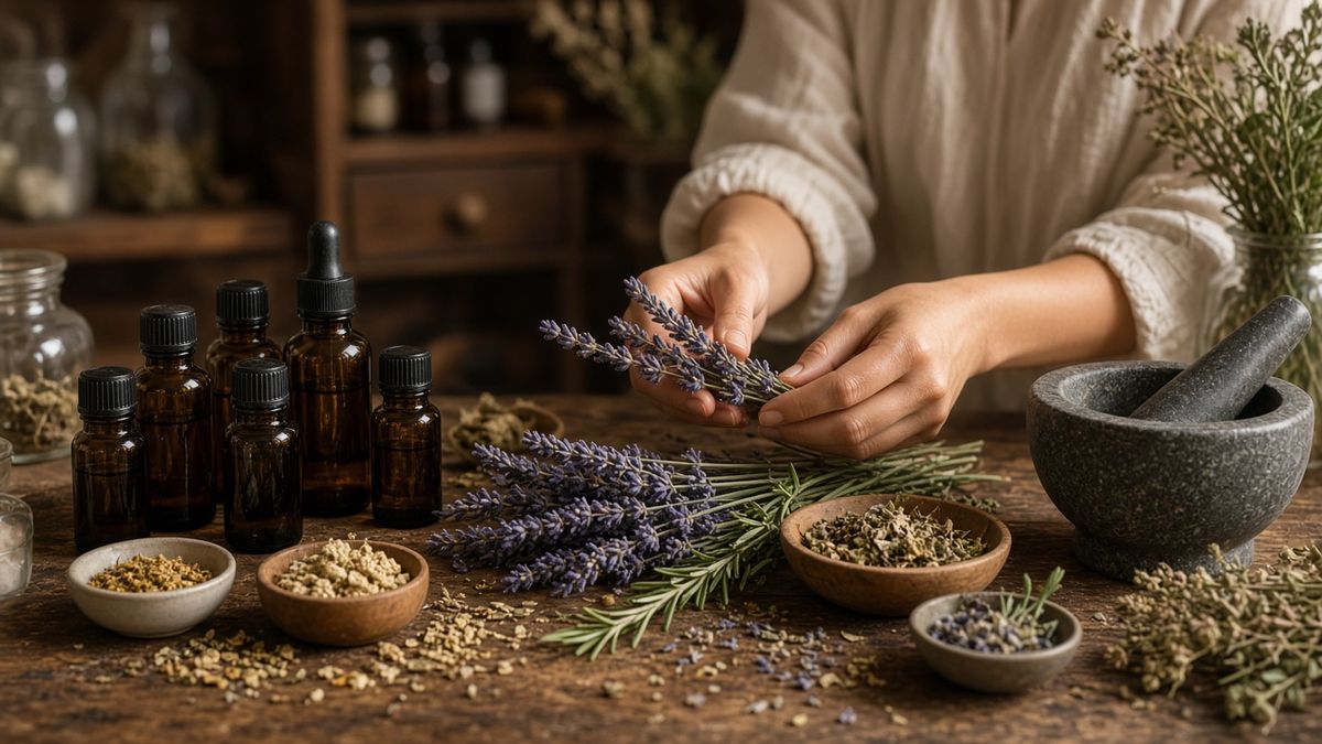 Hands preparing dried lavender and herbs beside essential oil bottles