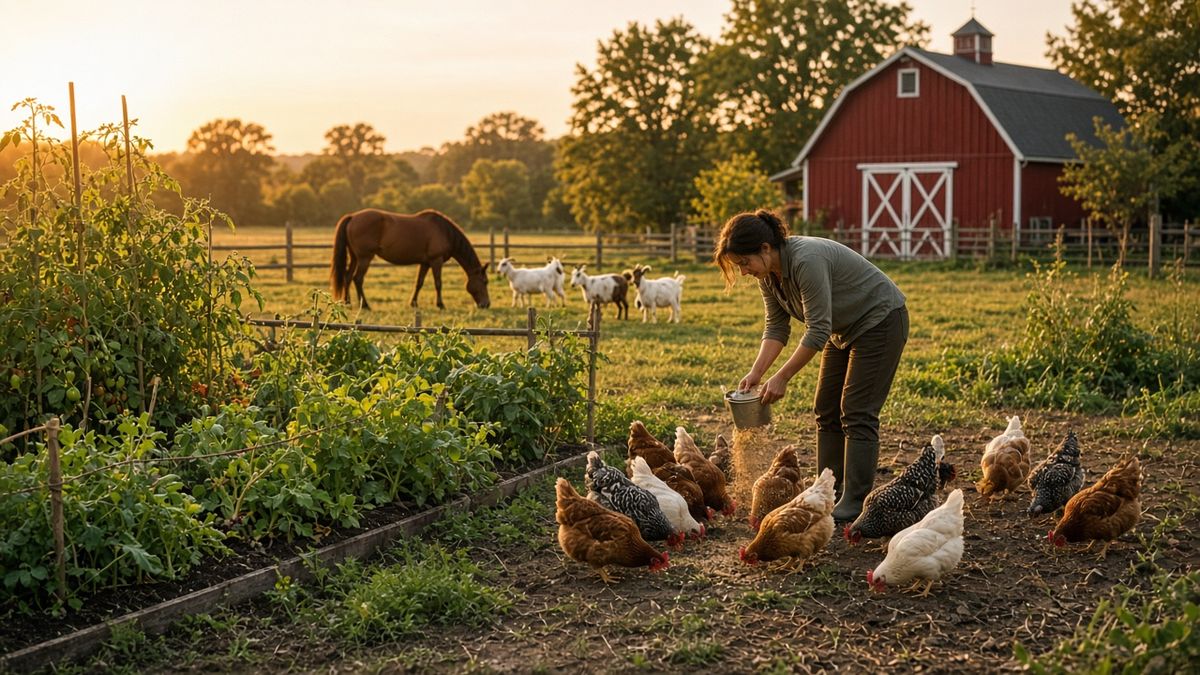 A woman feeding chickens on a homestead with a horse and red barn behind