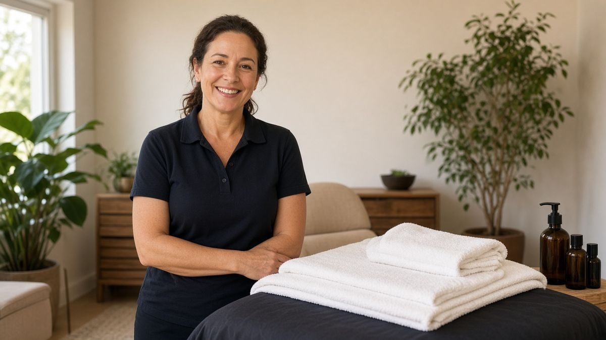 A smiling massage therapist beside a treatment table with folded towels