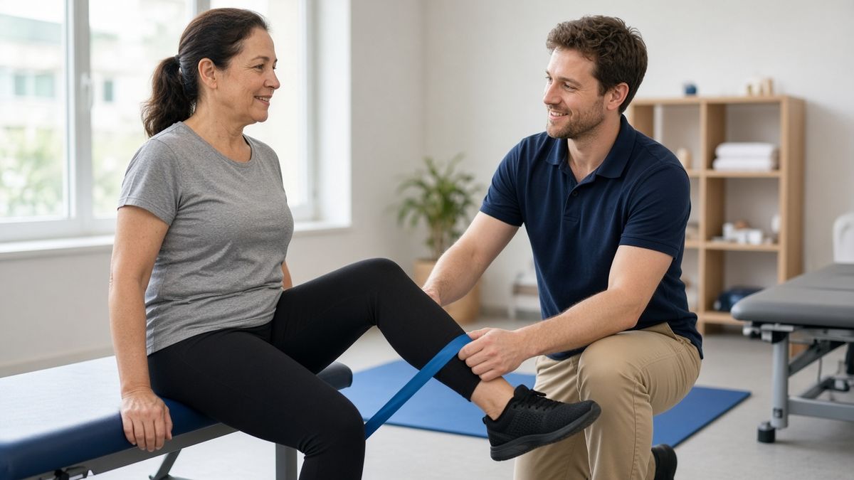 A physical therapist working with a client on a resistance band exercise