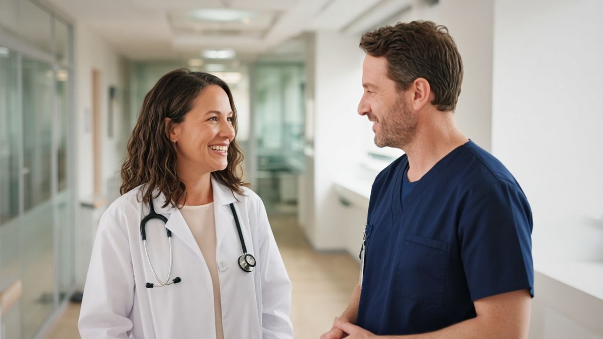 A doctor and a nurse talking together in a bright clinic corridor