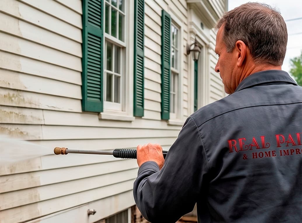Power washing a house exterior