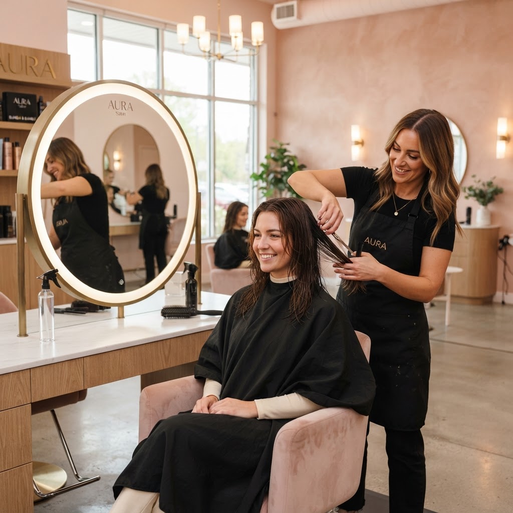 A women's haircut being styled with care in an elegant salon setting