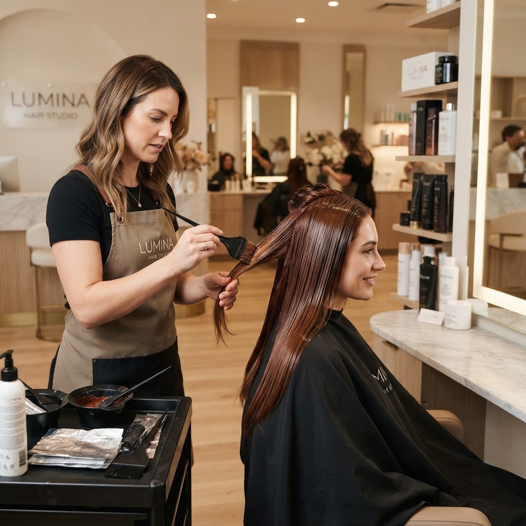 A rich, professionally applied hair color treatment in warm salon lighting