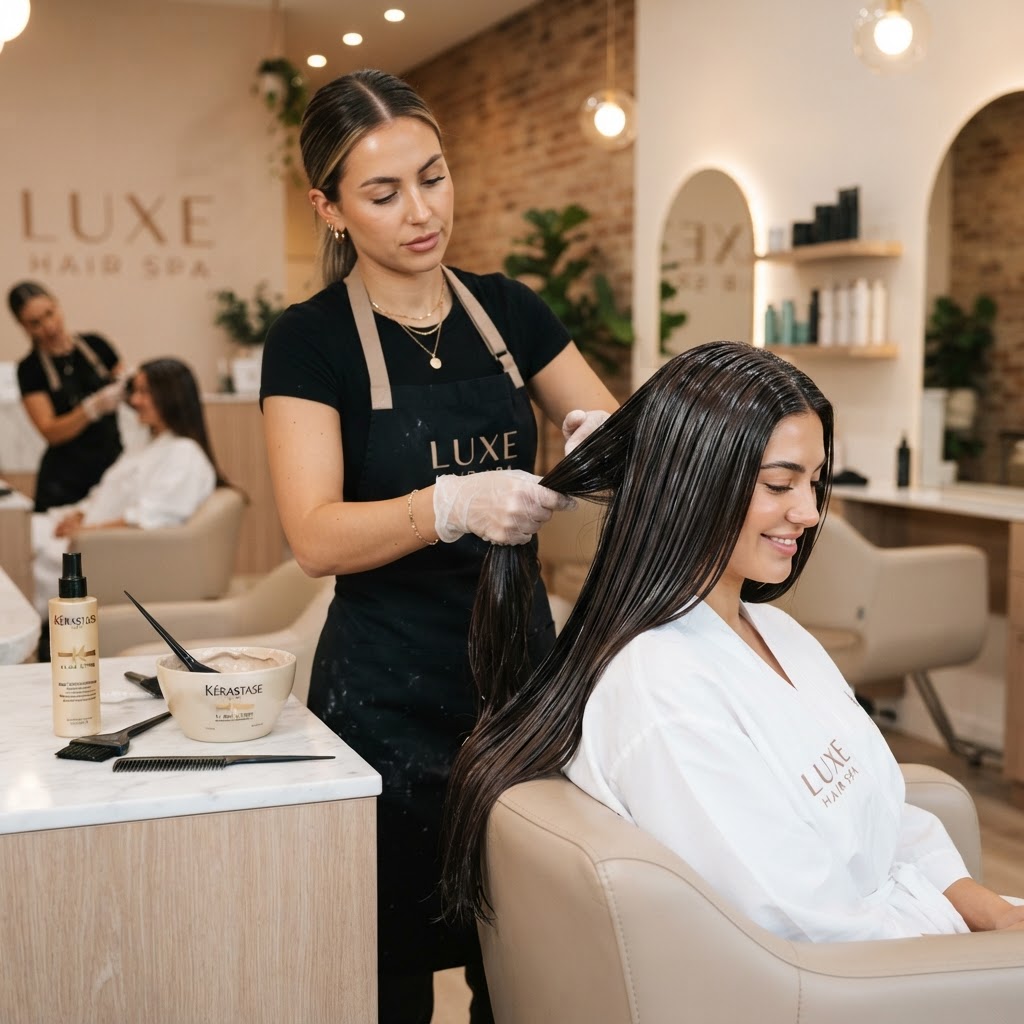 A nourishing deep conditioning hair treatment applied in soft champagne tones