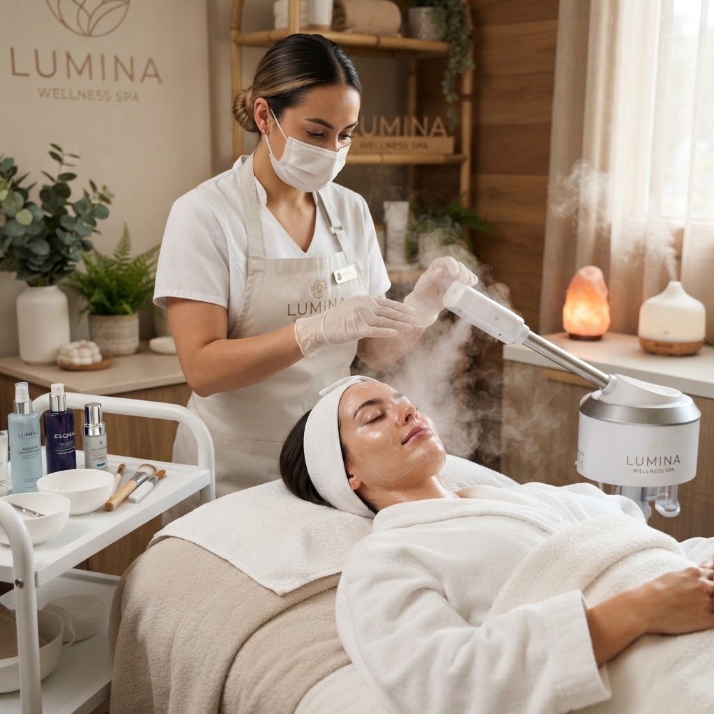 A relaxing facial treatment with skin assessment in warm, soft lighting