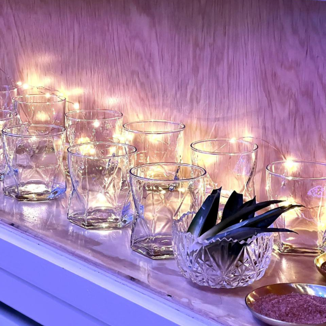 Glassware arranged for an evening event