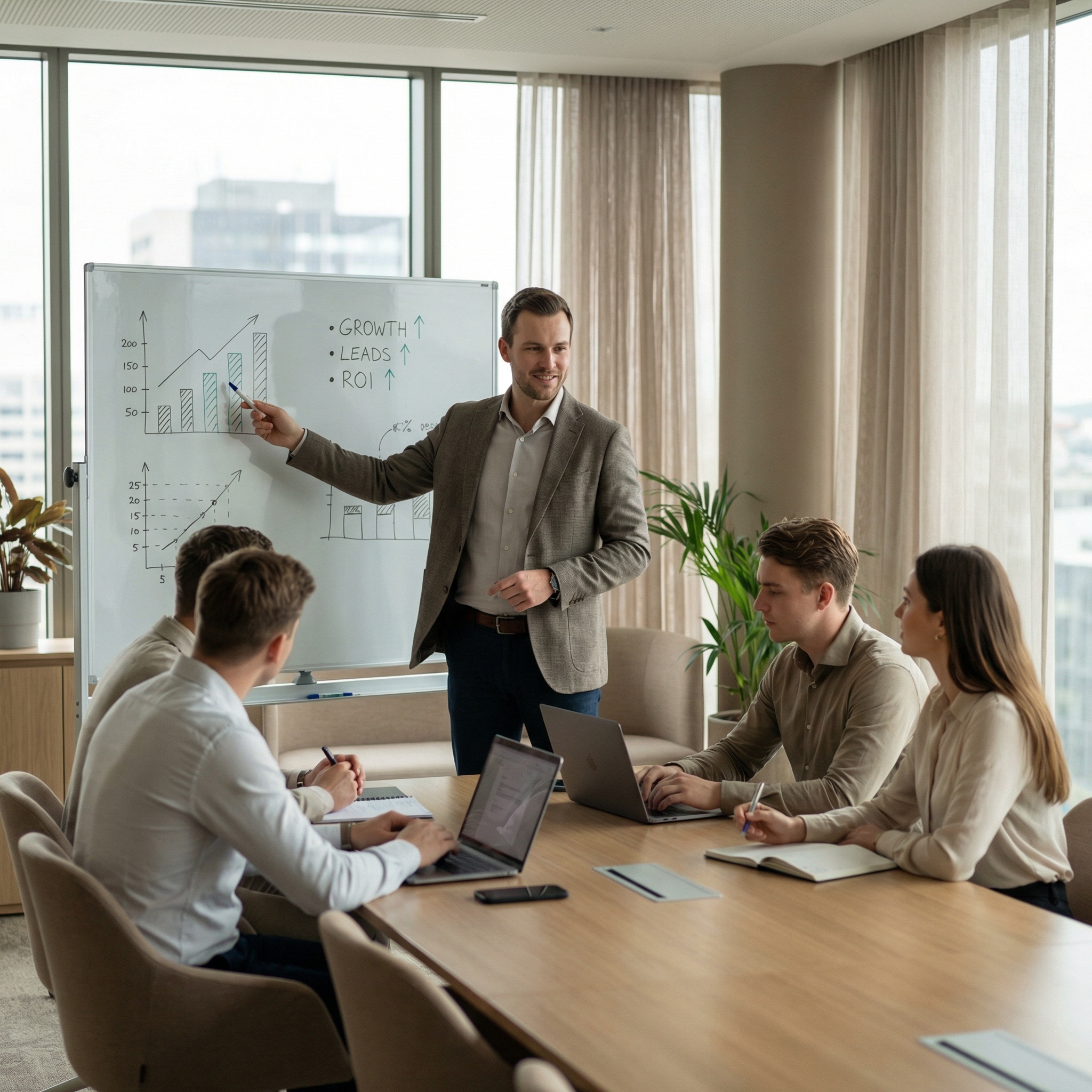 Marketing team reviewing campaign performance data for local service businesses