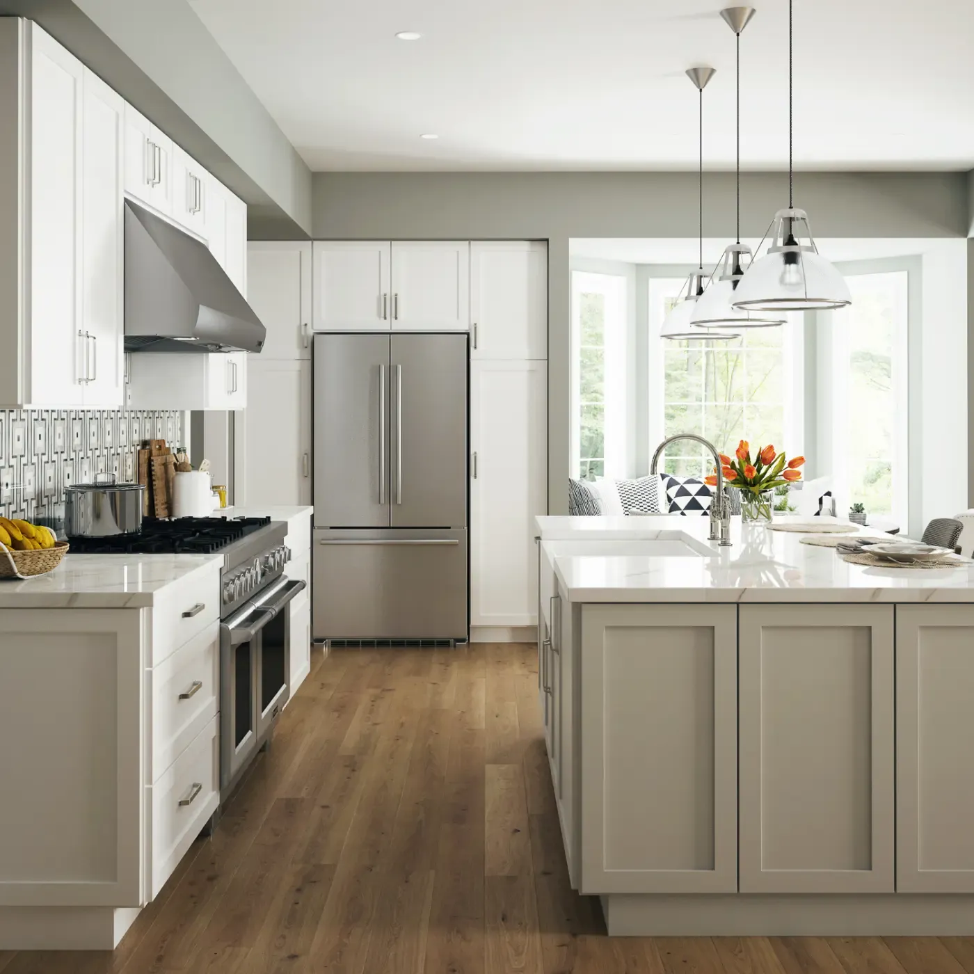 White and gray kitchen cabinets with a large island