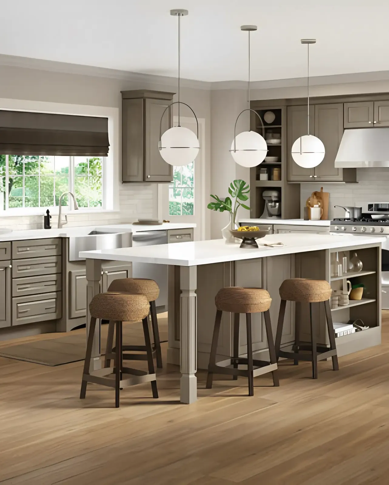 Kitchen island with bar stools and pendant lights