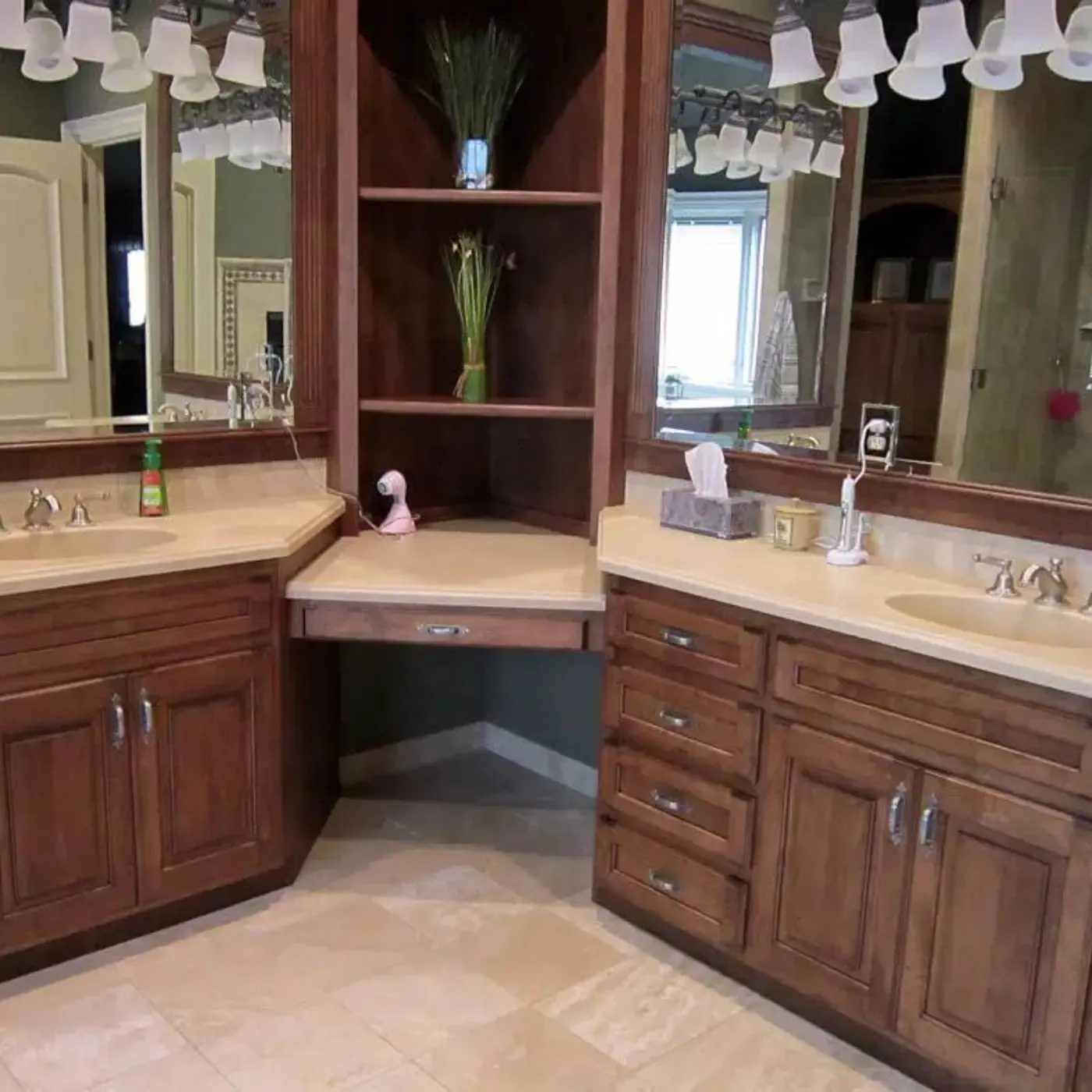 Wood bathroom vanity with a stone countertop