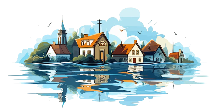 An idyllic cartoon village with a church and houses, surrounded by water with clear reflections under a blue sky.