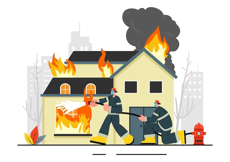 Two firefighters in protective gear battling a house fire with a hose, dark smoke billows from the roof.