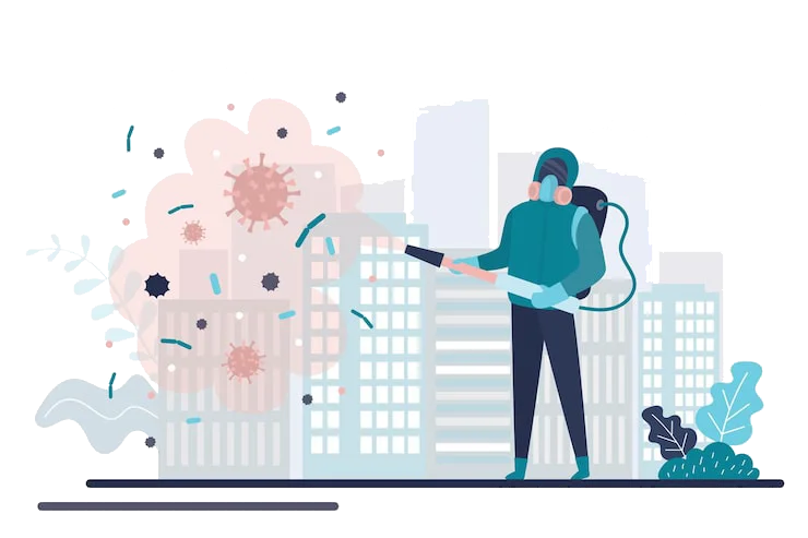 An illustrated person in a hazmat suit disinfects a city from airborne virus particles.