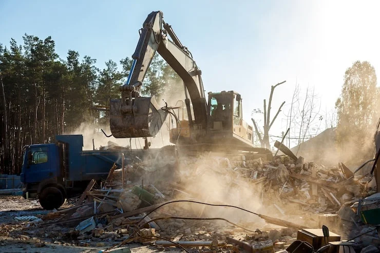 A large excavator dumps rubble into a blue truck on a dusty demolition site with a forest in the background.
