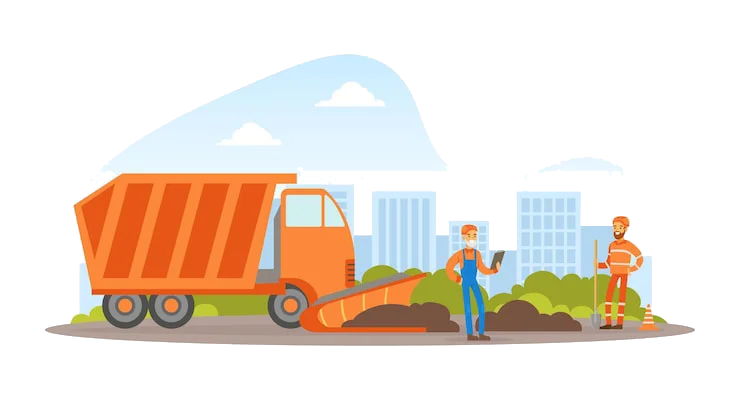 Illustration of construction workers and a dump truck clearing dirt or debris in a city setting.