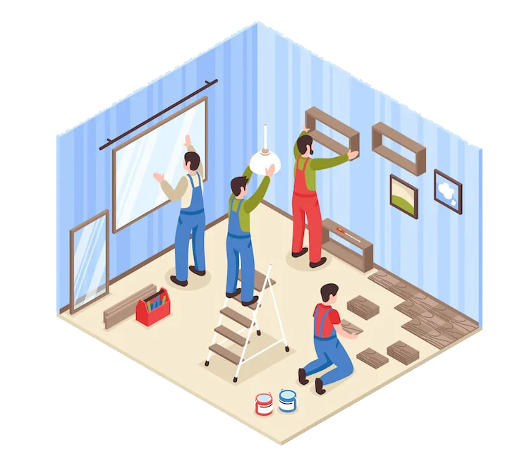 An isometric illustration shows four people renovating a room, installing a mirror, shelves, light, and flooring.