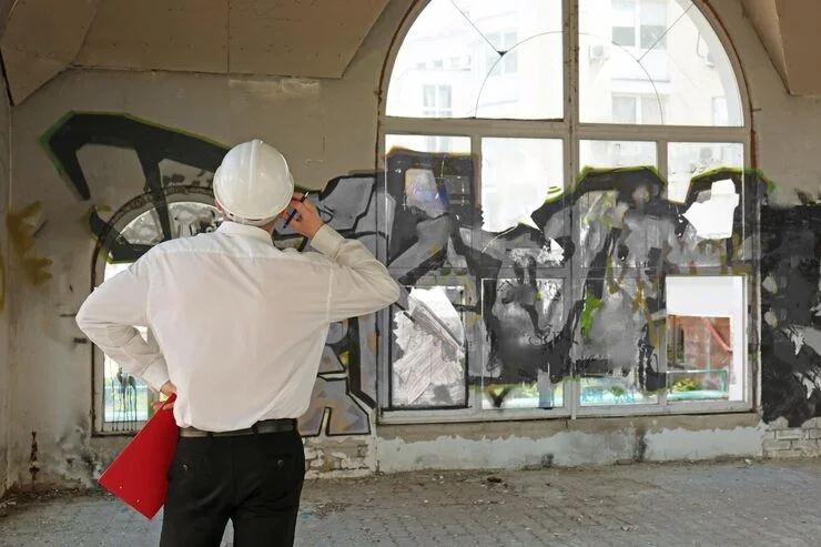 An engineer in a hard hat inspects graffiti-covered windows in a derelict building, holding a red clipboard.