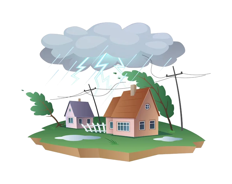 An illustration depicting houses on a floating patch of land experiencing a severe storm with lightning and heavy rain.
