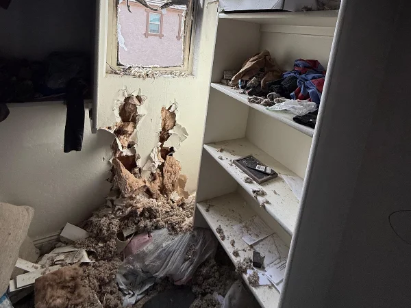 A damaged interior room with broken drywall, exposed insulation, dirty shelves, and scattered debris.