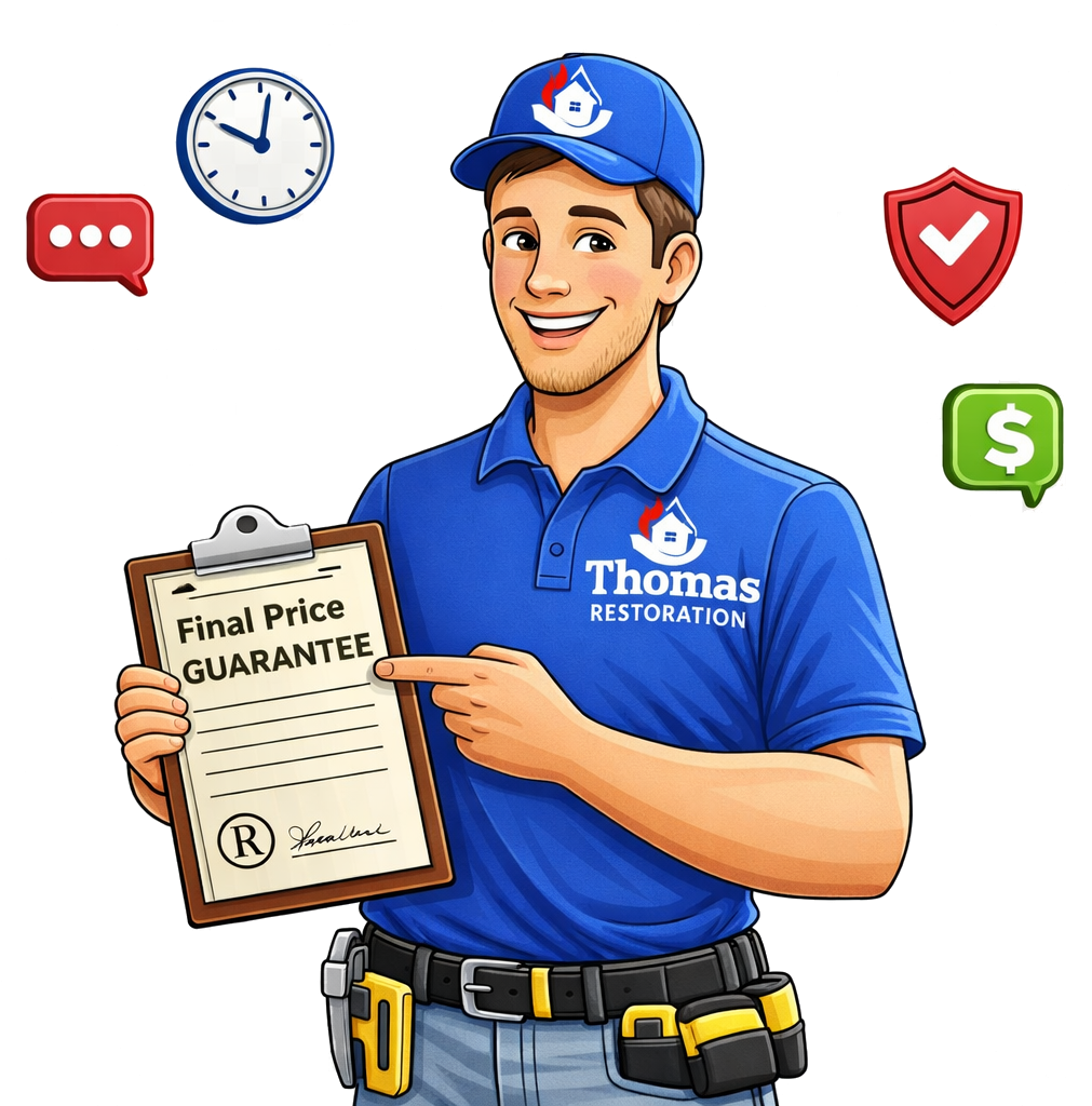A smiling Thomas Restoration worker in a blue uniform, pointing to “Final Price GUARANTEE” on a clipboard, surrounded by icons.