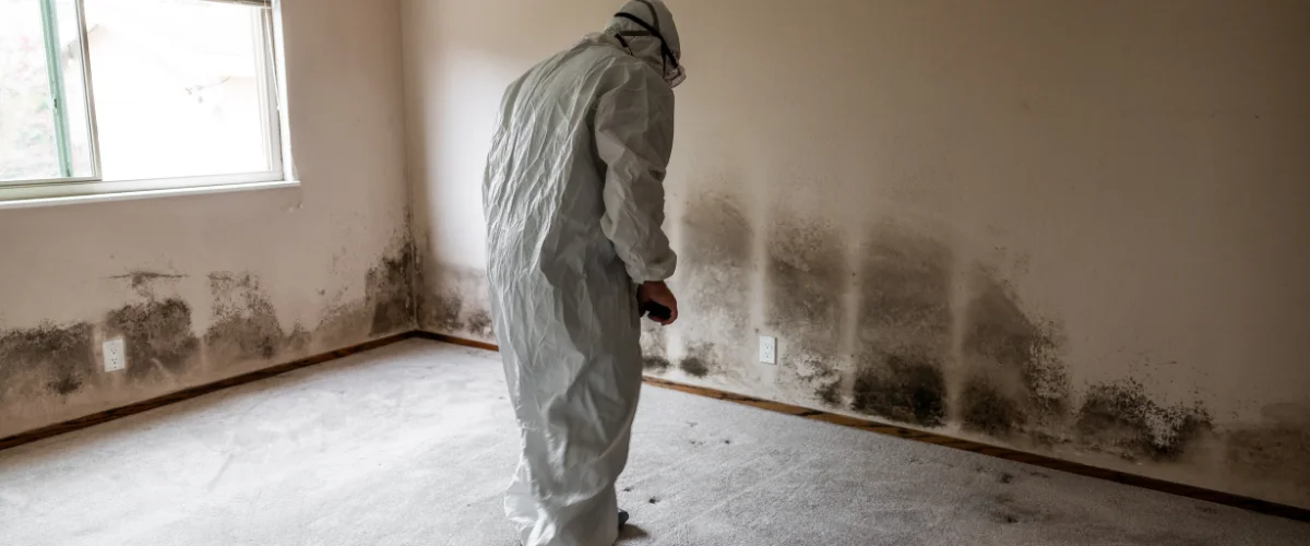 A person in a white protective suit inspects severe black mold covering the lower walls of an empty room indoors.