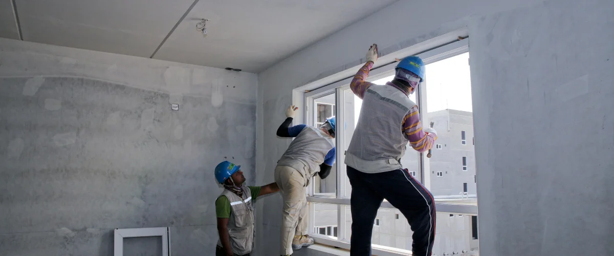 Three construction workers in hard hats and vests install a large window frame in an unfinished building.