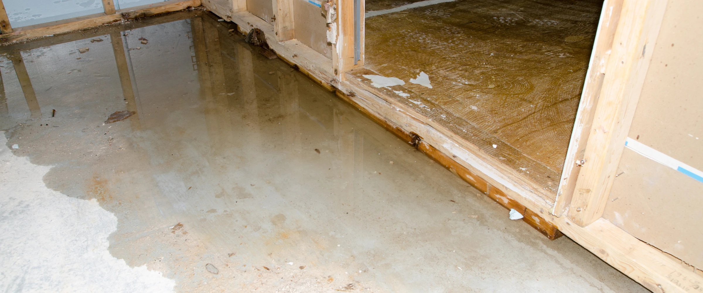 A close-up view of standing water on a concrete floor next to water-damaged wood framing in an unfinished room.